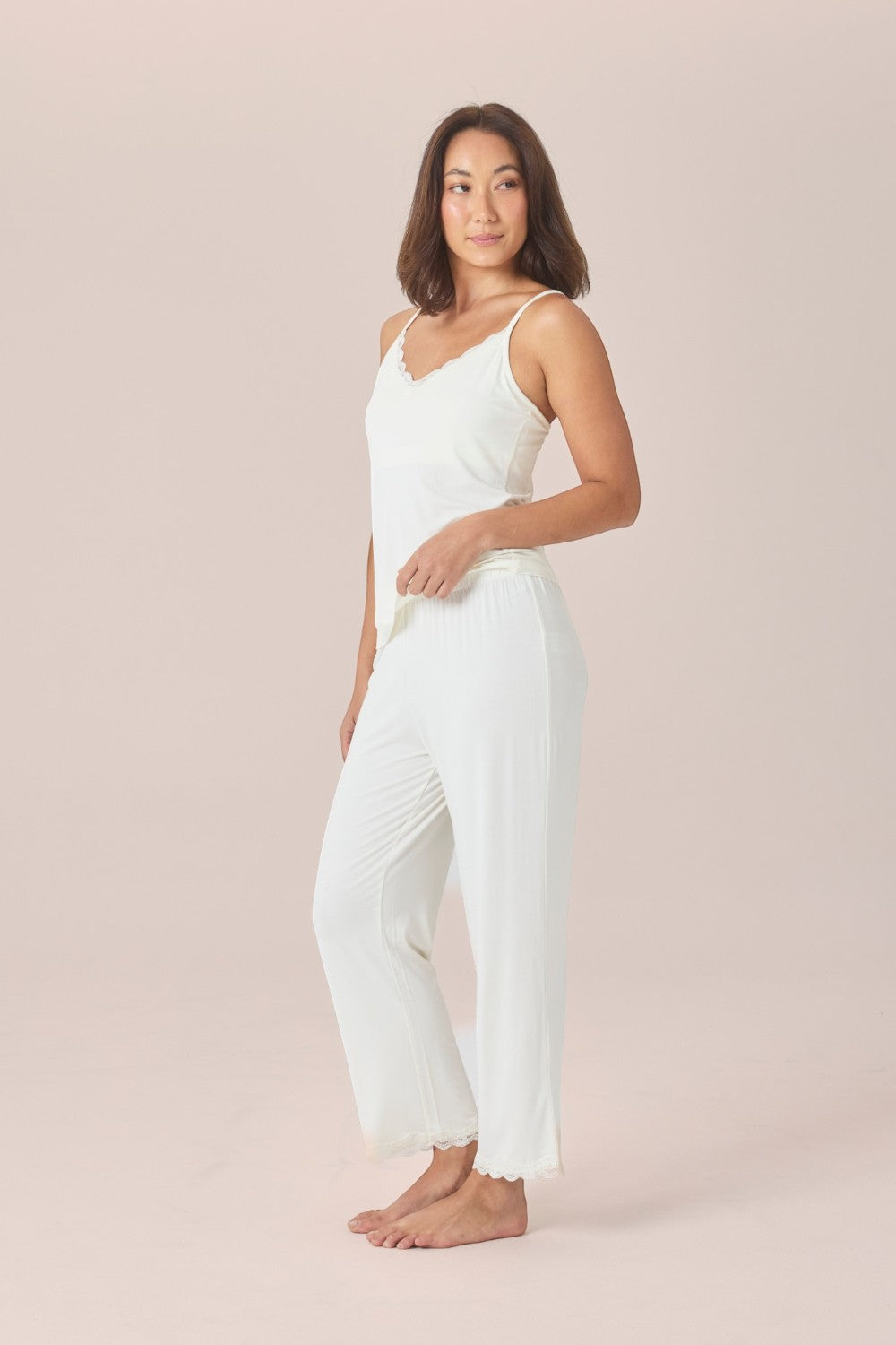 Gingerlilly Britt Bamboo Lace Cami Long PJ Set - Ecru - Side