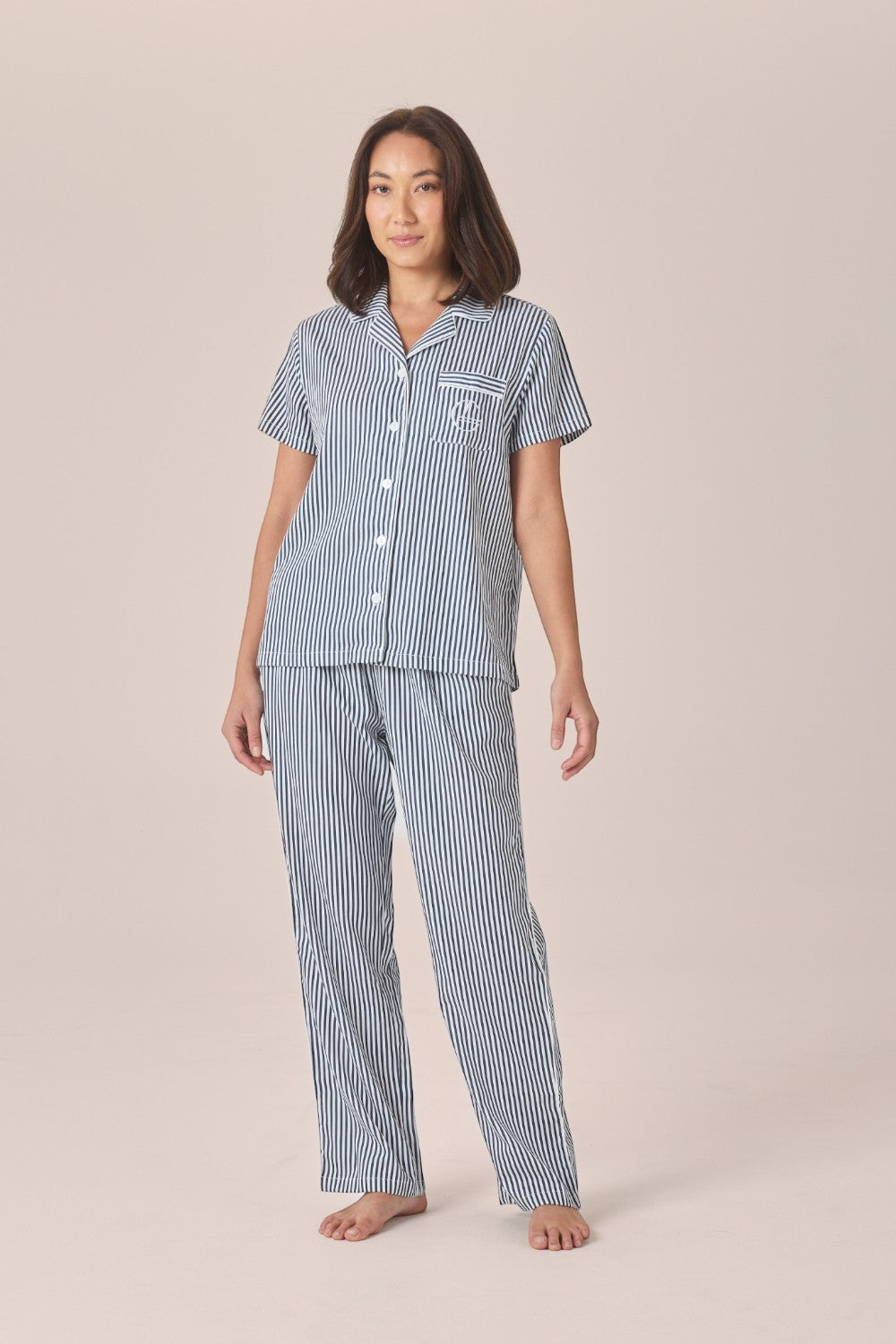 Gingerlilly Camilla Cotton Short Sleeve Long Pant PJ Set - Navy Stripe - Front