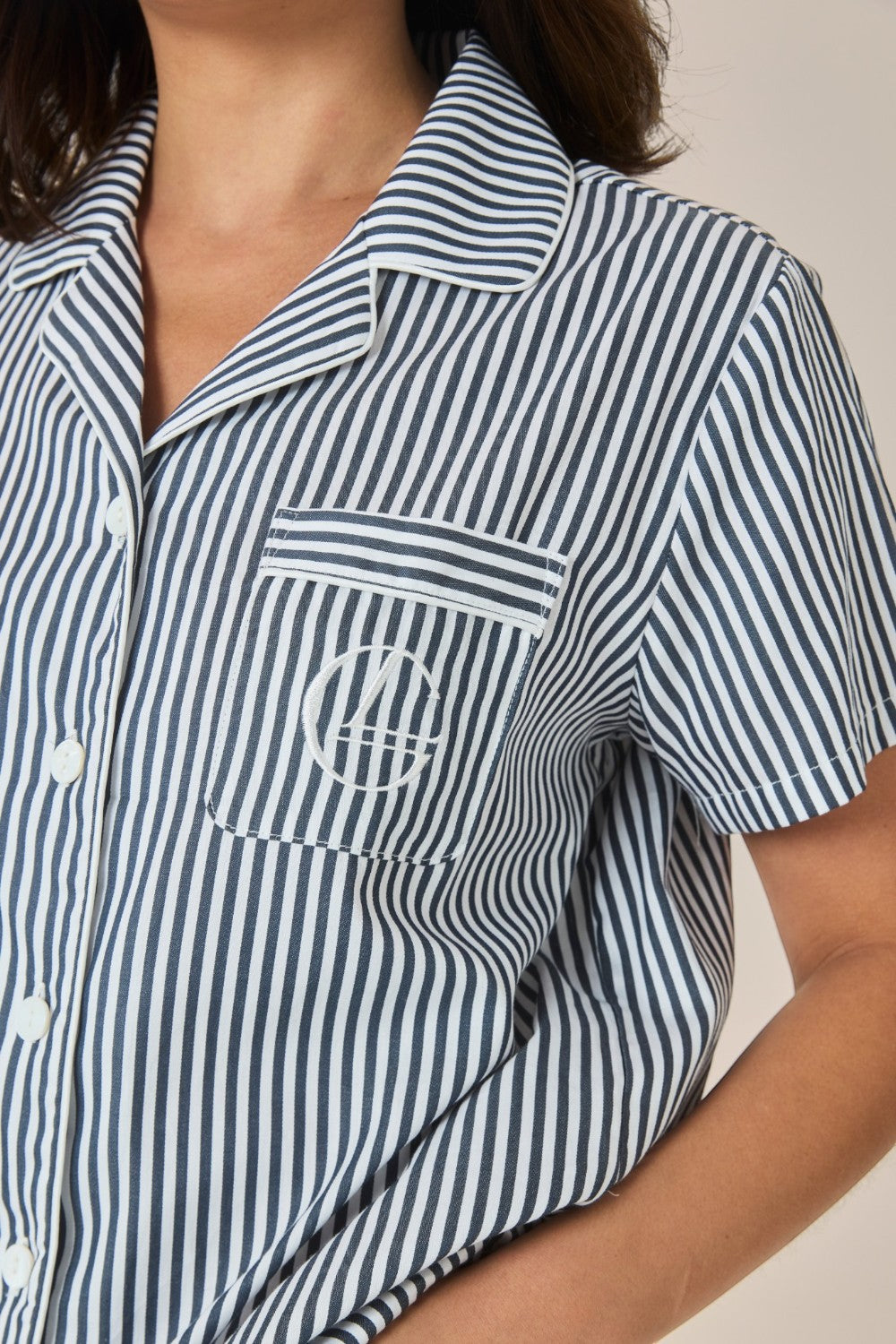 Gingerlilly Camilla Cotton Short Sleeve Long Pant PJ Set - Navy Stripe - Detail
