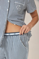 Gingerlilly Camilla Cotton Short Sleeve Long Pant PJ Set - Navy Stripe - Detail alt
