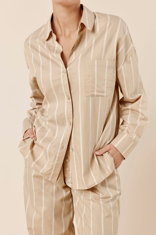 Chloe Cotton Striped PJ Set Biscuit front top close up