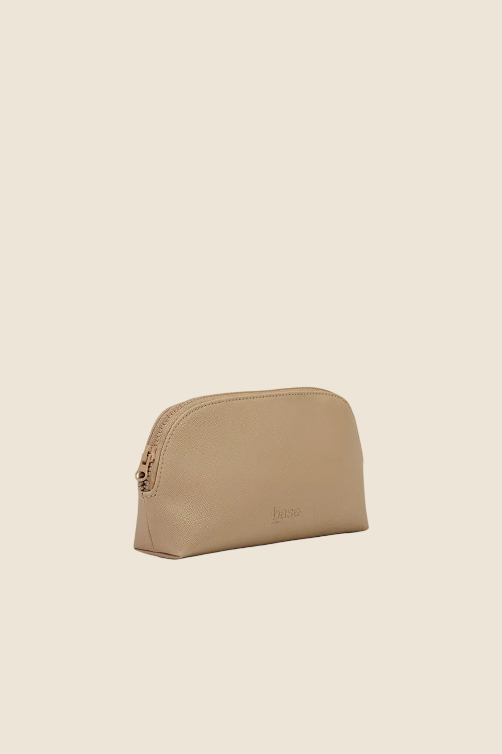Small sand-colored cosmetic bag with zipper on white background, Gingerlilly Sleepwear accessory