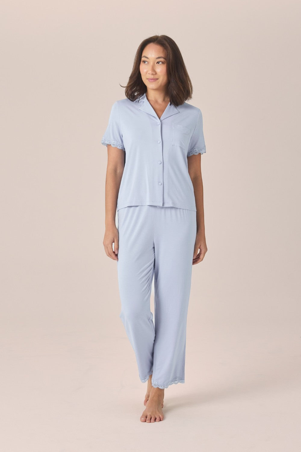 Gingerlilly Dianne Bamboo Long PJ Set with Lace in Blue
