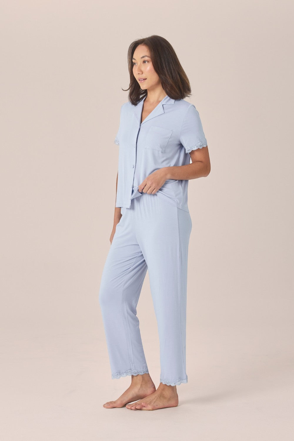 Gingerlilly Dianne Bamboo Long PJ Set with Lace in Blue