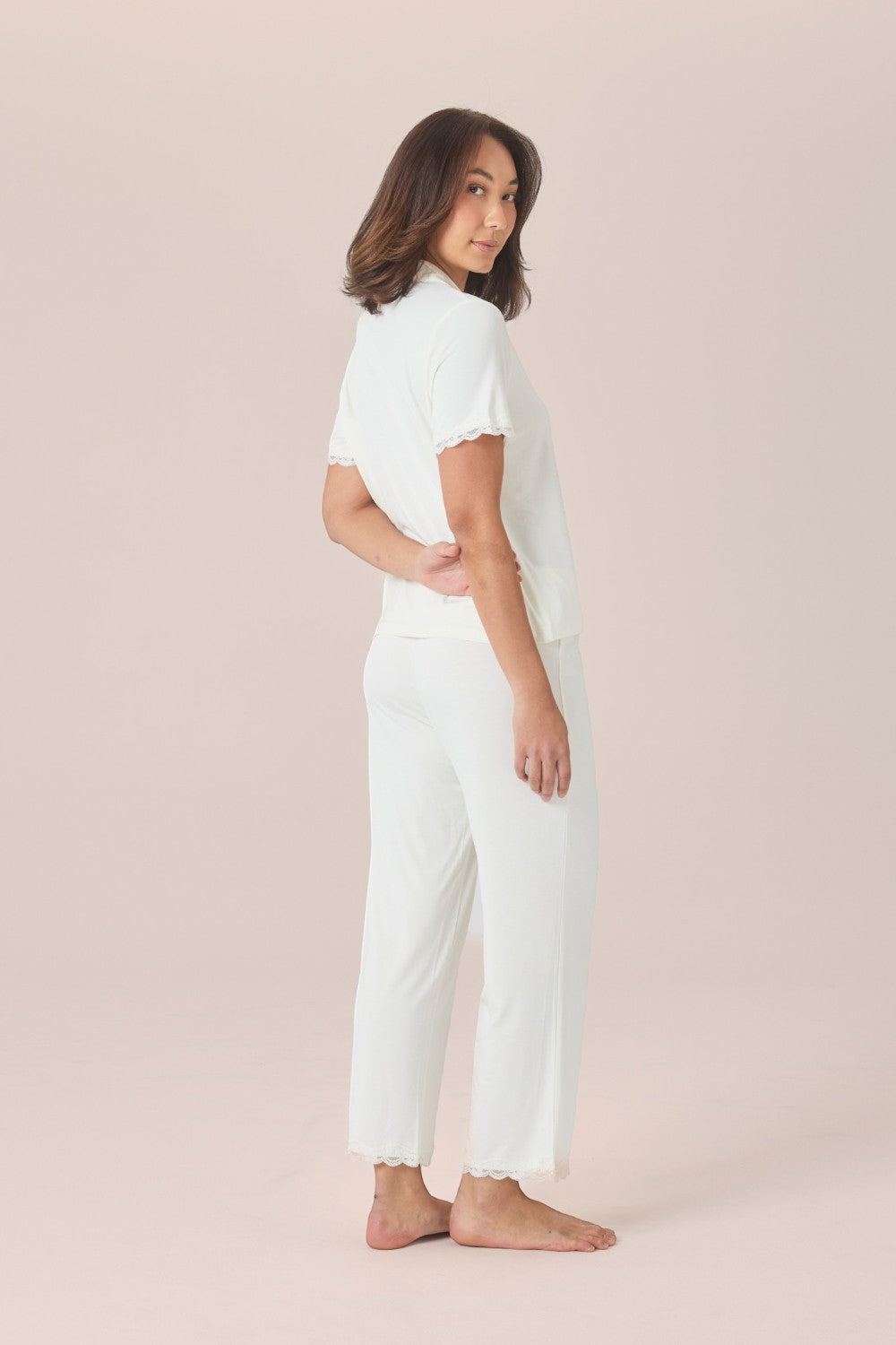 Gingerlilly Dianne Bamboo Long PJ Set with Lace in Ecru