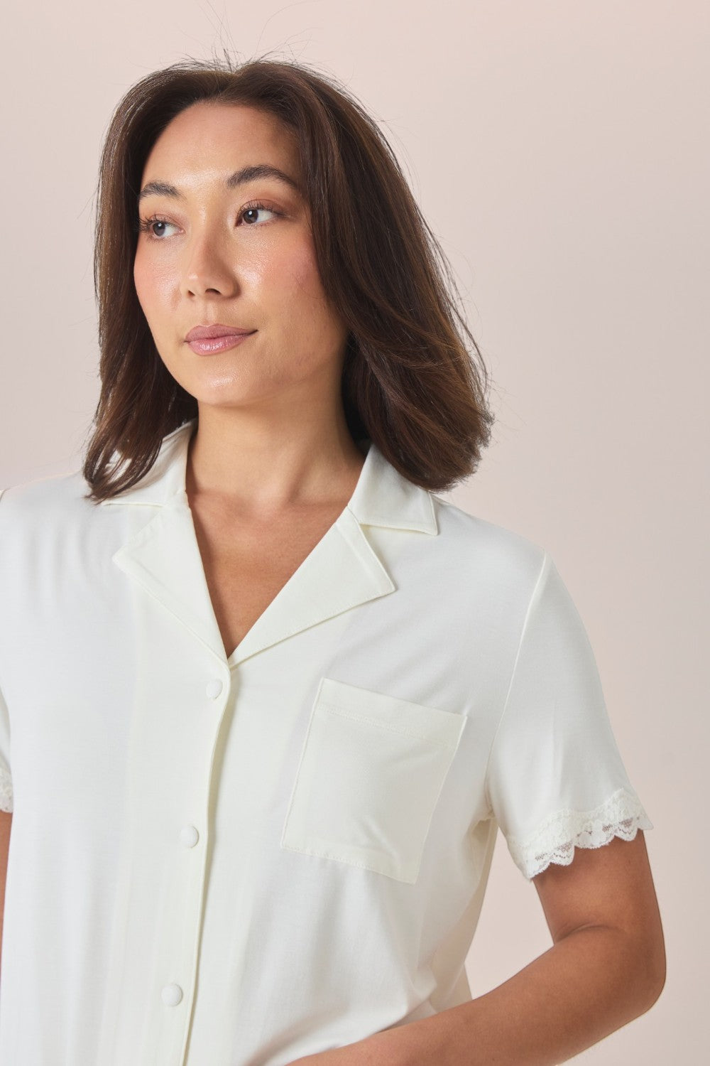 Gingerlilly Dianne Bamboo Long PJ Set with Lace in Ecru