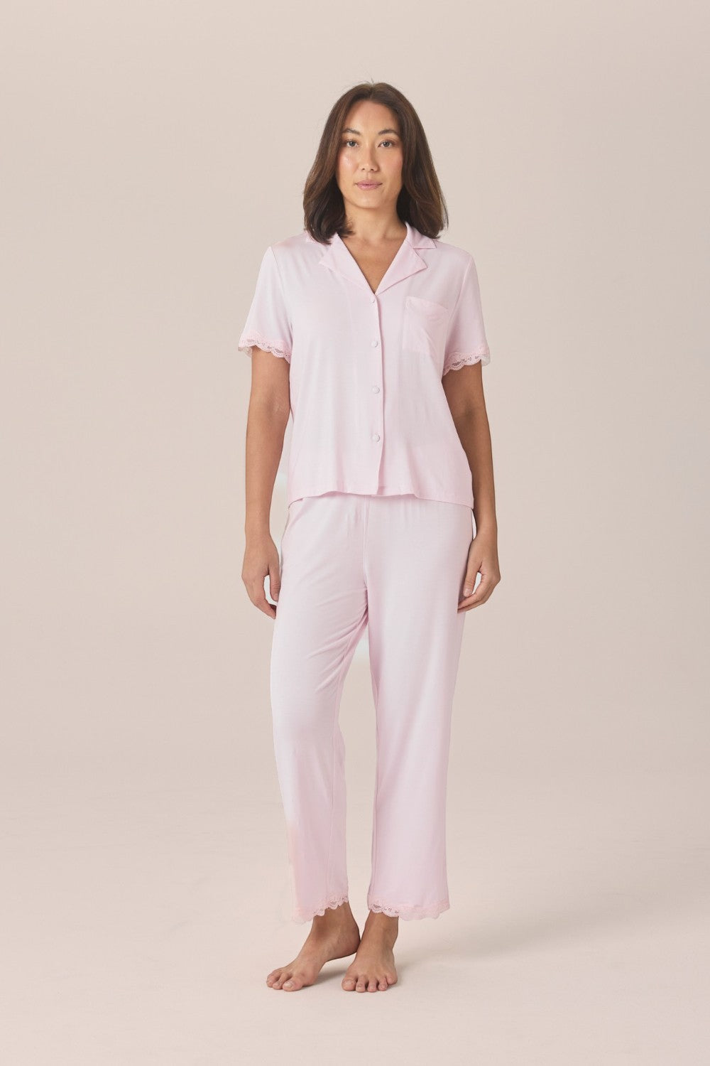 Gingerlilly Dianne Bamboo Long PJ Set with Lace in Pink