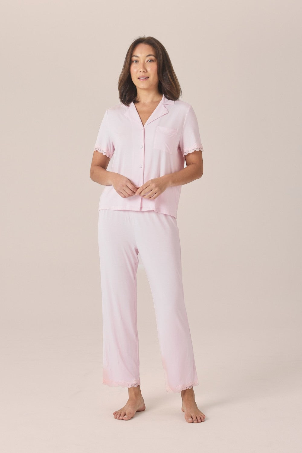 Gingerlilly Dianne Bamboo Long PJ Set with Lace in Pink