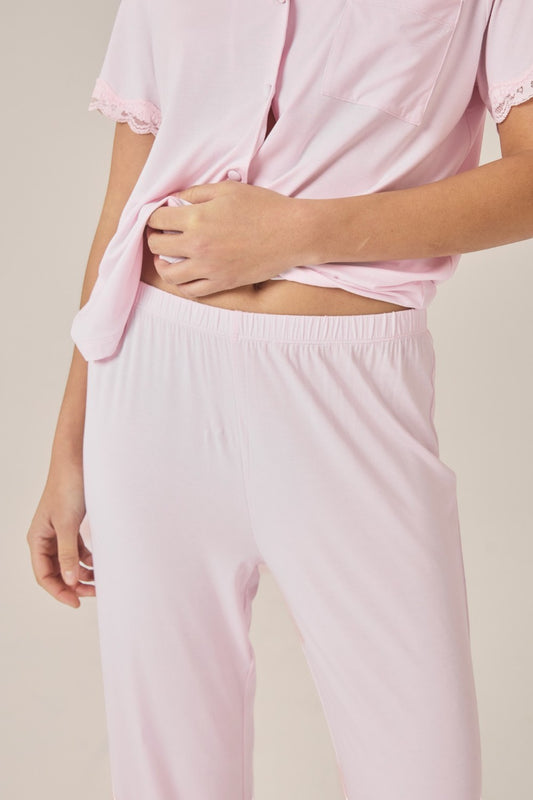 Gingerlilly Dianne Bamboo Long PJ Set with Lace in Pink
