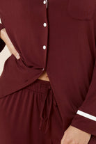 Grace Bamboo PJ Set Burgundy close up of elastic waistband and bamboo fabric texture with contrast cuff piping