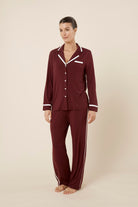Grace Bamboo PJ Set Burgundy angled front view, soft bamboo pyjamas with piped collar and satin side seam detail