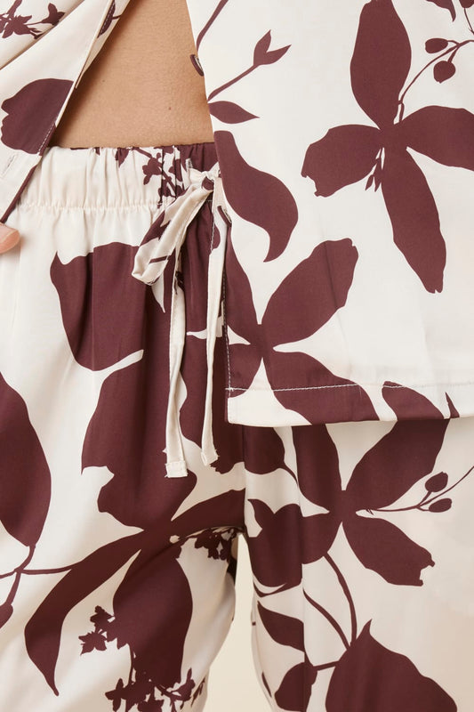 Ivy Silky Satin pyjama PJ set burgundy pants with flowers detail close up view
