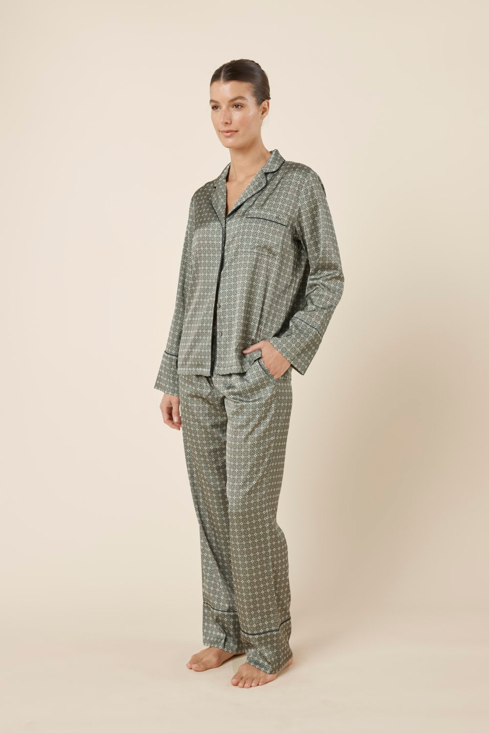Gingerlilly Kienna Geo Printed Silky Satin PJ Set - Olive - Front alt
