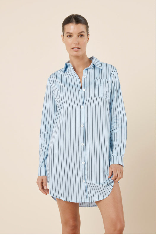 Woman wearing a blue and white striped shirt dress against a beige background