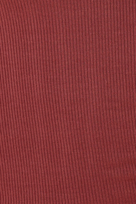 Close up of Lille Ribbed Long Sleeve Henley Top Burgundy fabric showing the vertical ribbed texture and soft stretch material.
