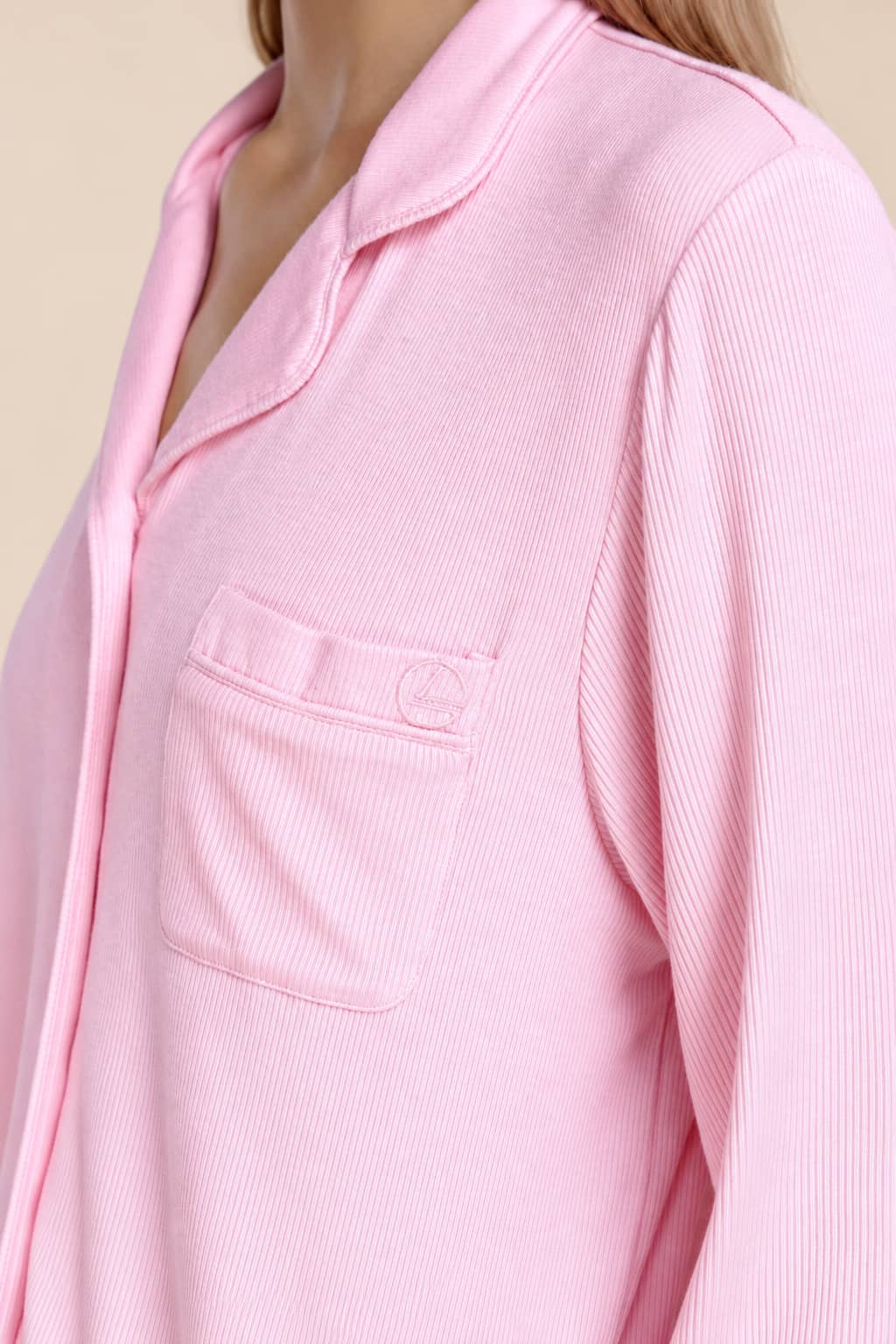 Gingerlilly London Ribbed Long Sleeve Button Up PJ Top - Pink - Detail