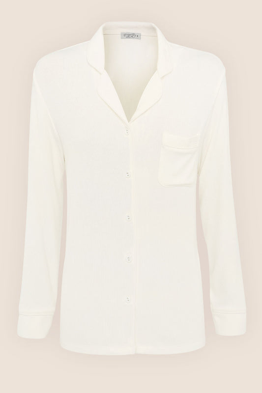 Ivory long-sleeve button-up sleep shirt with pocket by Gingerlilly Sleepwear