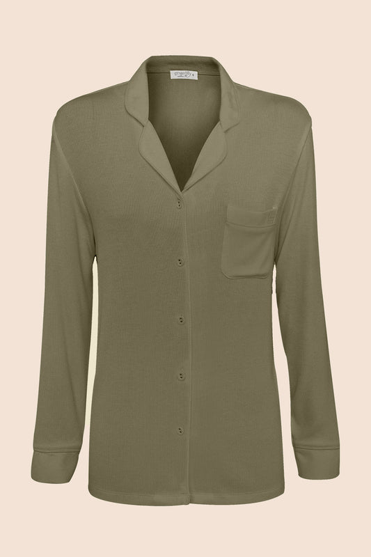 Olive green long sleeve button-up Gingerlilly Sleepwear shirt with front pocket