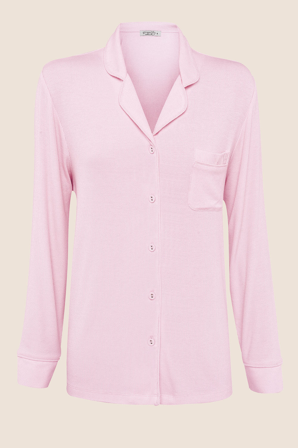 Gingerlilly London Ribbed Long Sleeve Button Up PJ Top - Pink - Flat lay