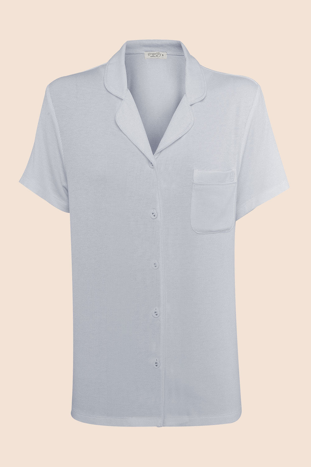 Gingerlilly Sleepwear blue short-sleeve button-up top with chest pocket on plain background