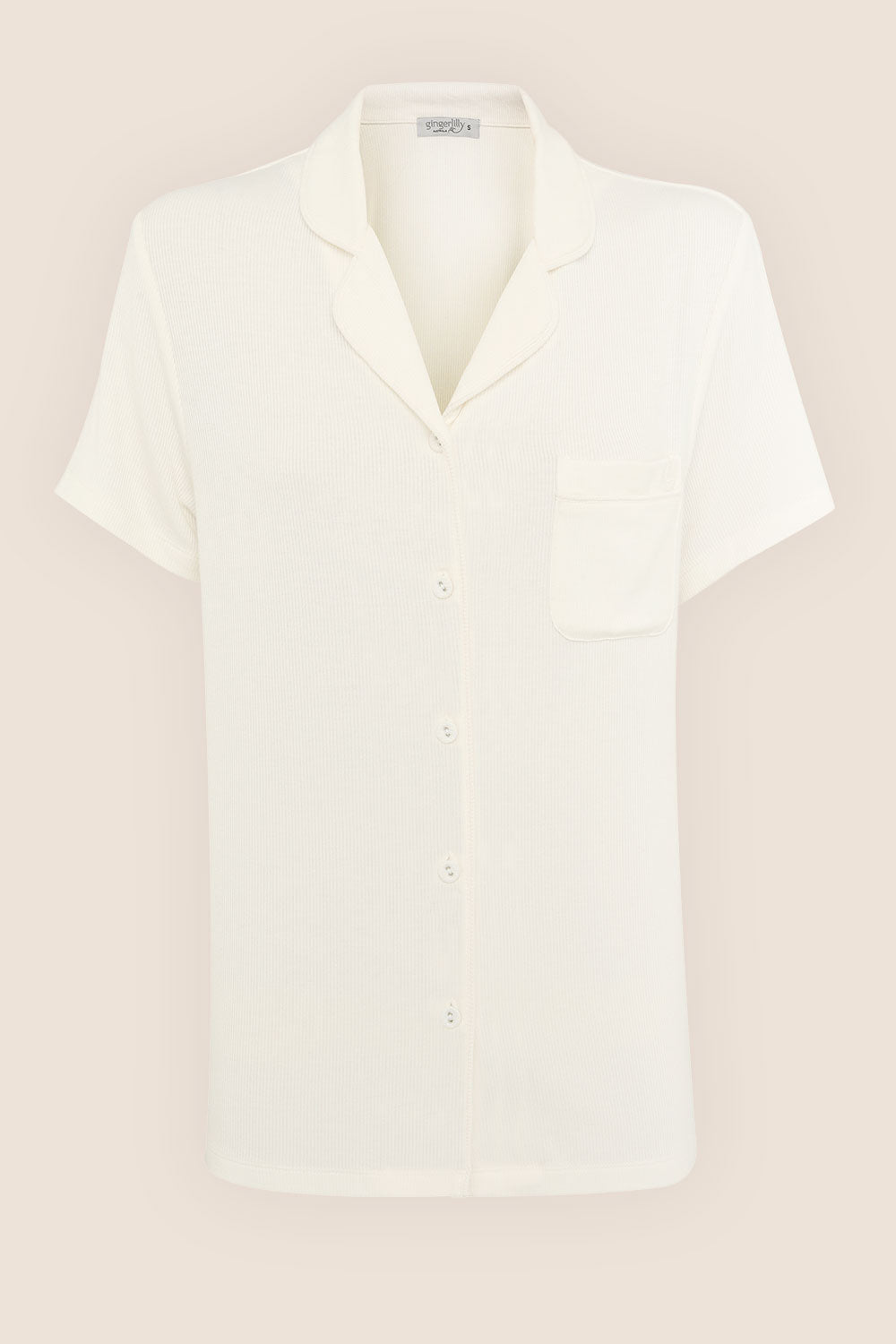 Gingerlilly Sleepwear ivory short-sleeve button-up pajama top with pocket, front view