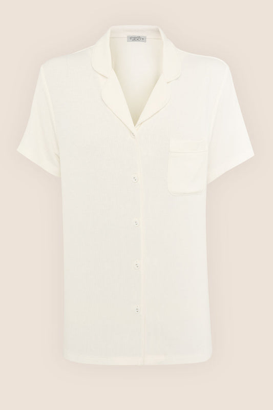 Gingerlilly Sleepwear ivory short-sleeve button-up pajama top with pocket, front view