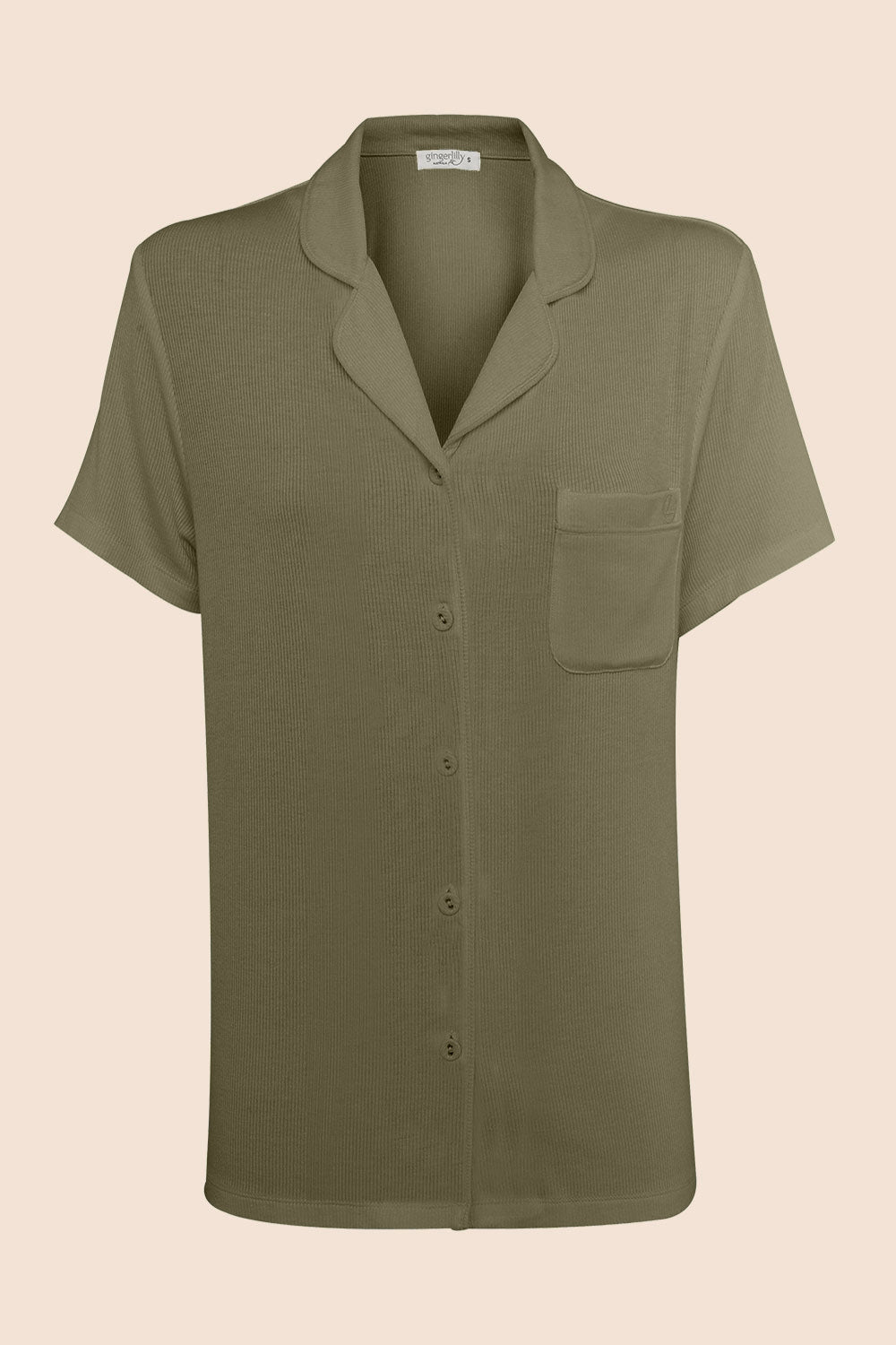 Olive green short-sleeve button-up sleep shirt by Gingerlilly Sleepwear on neutral background