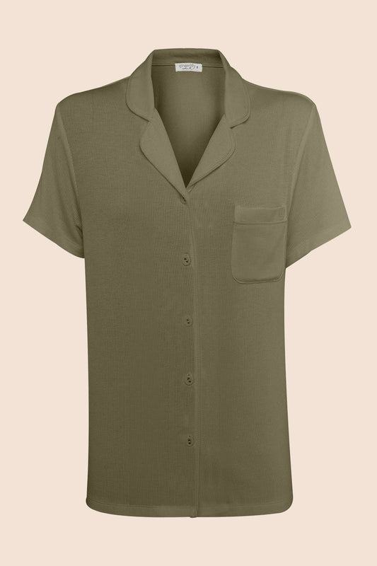 Olive green short-sleeve button-up sleep shirt by Gingerlilly Sleepwear on neutral background