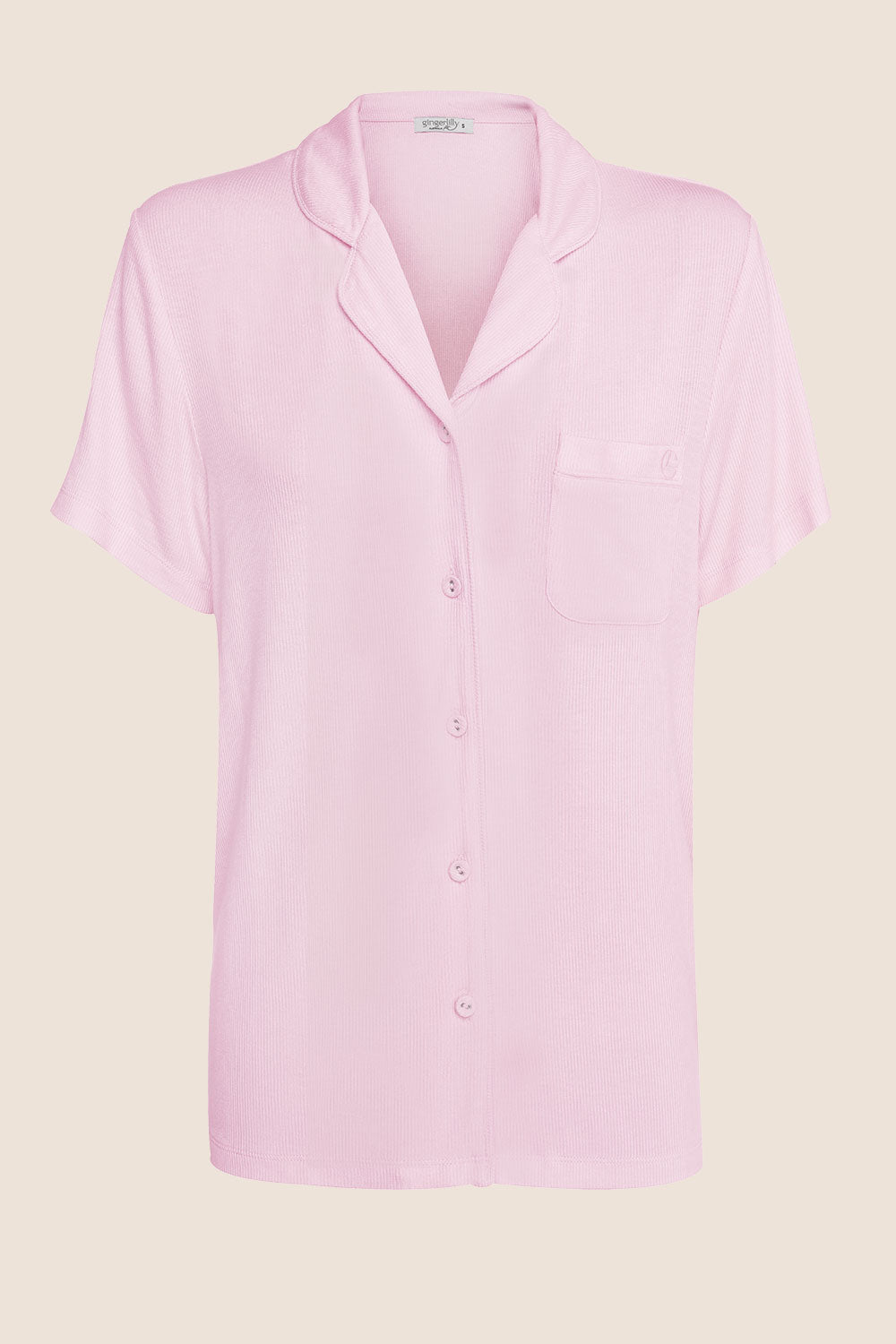 Gingerlilly Lyon Ribbed Short Sleeve Button Up Top - Pink - Flat lay