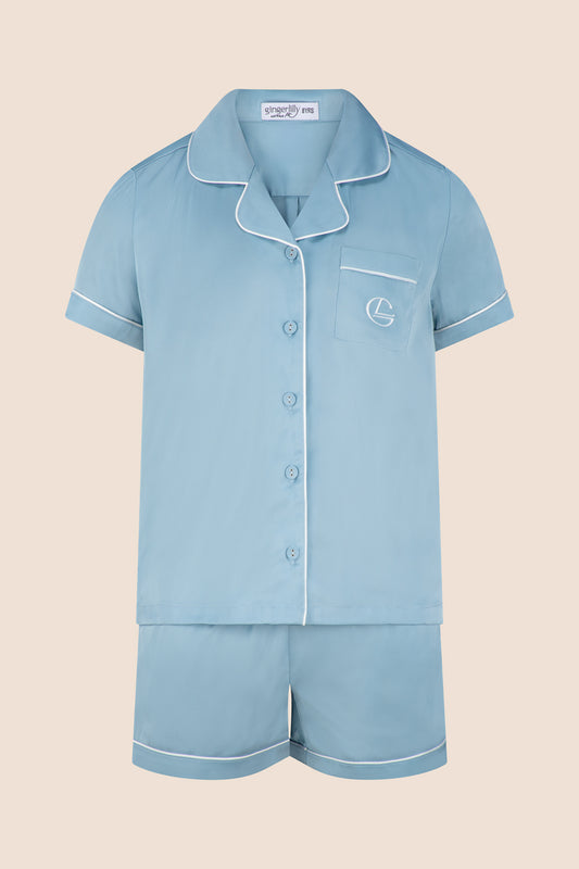 Light blue Gingerlilly Sleepwear kids' short pajama set with white piping and chest pocket