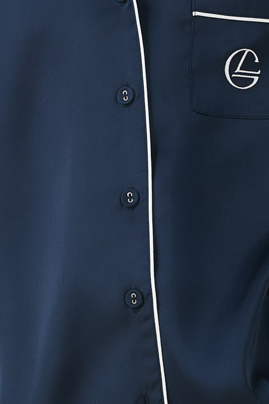Navy Gingerlilly Sleepwear top with white piping and embroidered pocket logo detail