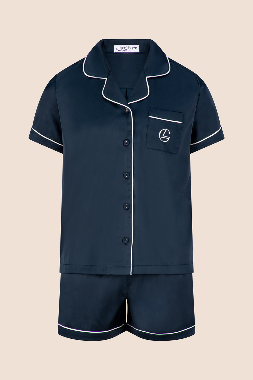 Gingerlilly Mini Sonia Silky Satin Short PJ Set - Navy - Flat lay