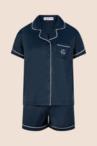 Gingerlilly Mini Sonia Silky Satin Short PJ Set - Navy - Flat lay