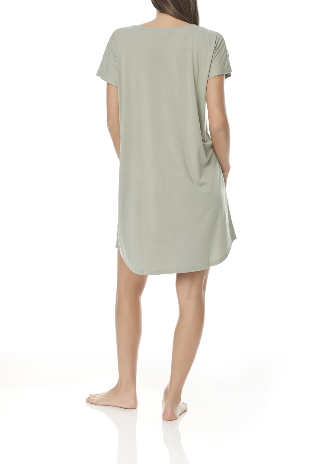 Back view of woman in light green Gingerlilly Sleepwear bamboo nightdress