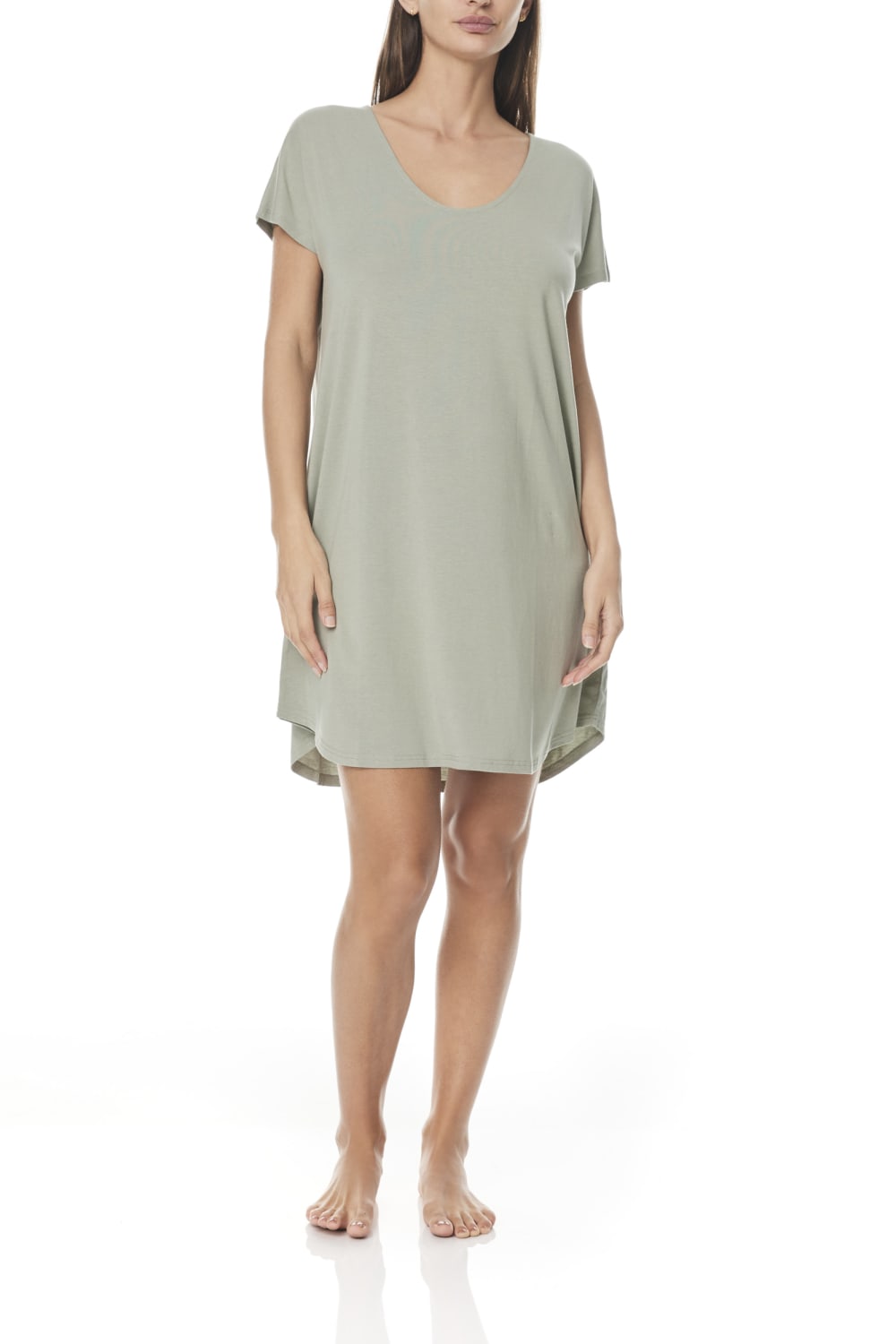 Woman wearing light sage green Gingerlilly Sleepwear nightdress, short sleeves, natural fabric