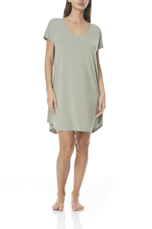 Woman wearing light sage green Gingerlilly Sleepwear nightdress, short sleeves, natural fabric