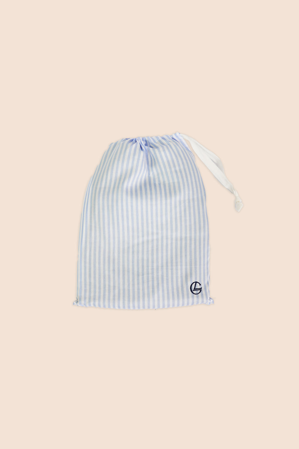 Gingerlilly Sleepwear blue and white striped fabric drawstring bag on beige background