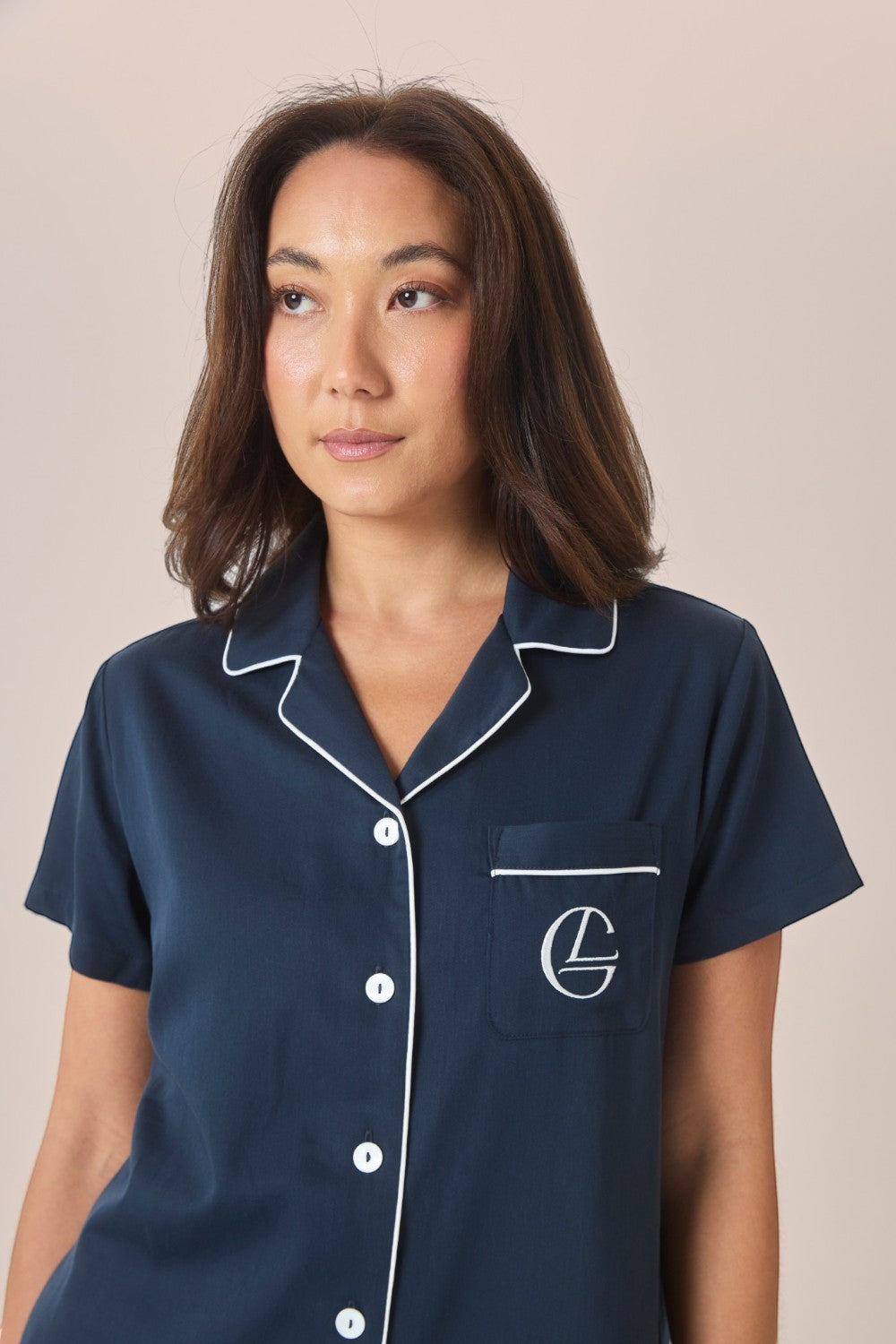 Gingerlilly Camilla Cotton Short Sleeve Long Pant PJ Set - Navy - Detail