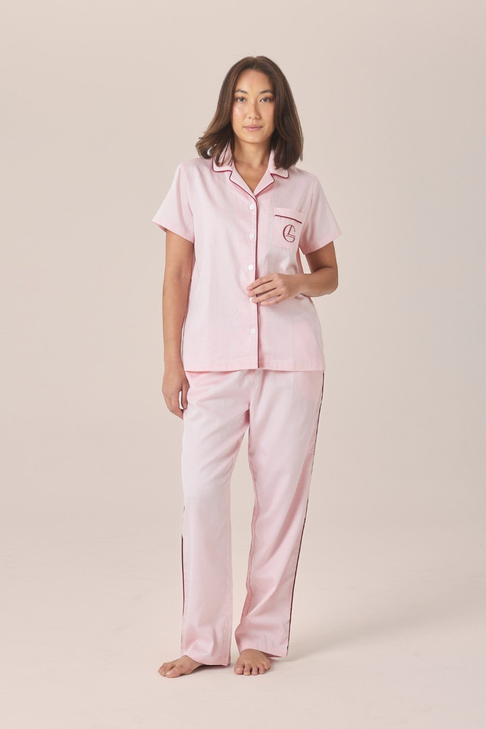 Gingerlilly Camilla Cotton Short Sleeve Long Pant PJ Set - Pink - Front alt 2