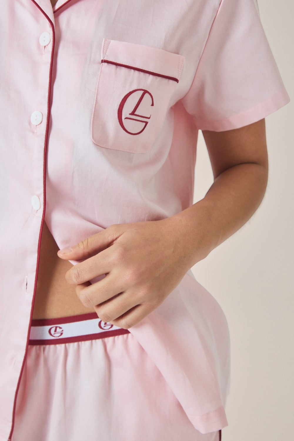 Gingerlilly Camilla Cotton Short Sleeve Long Pant PJ Set - Pink - Detail alt