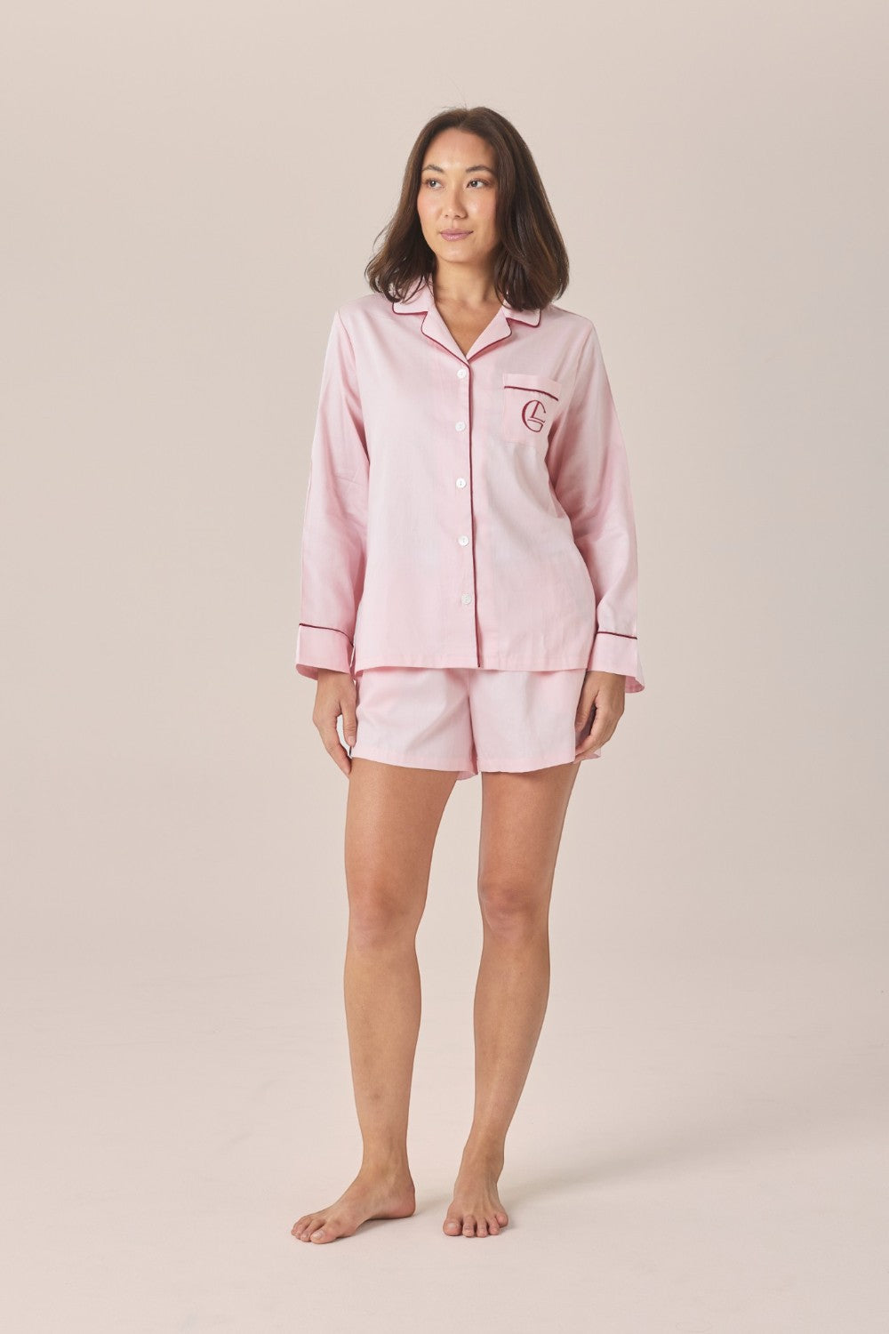 Gingerlilly Susanna Cotton Long Sleeve Shortie PJ Set - Pink - Front