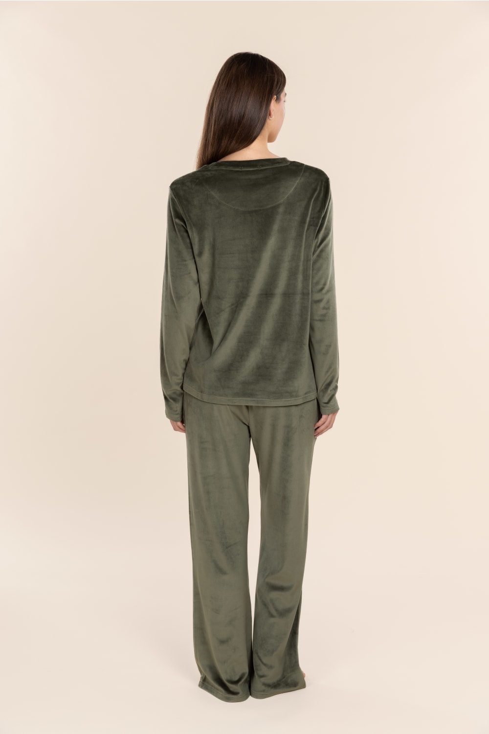 Thea Velour Long Lounge Set Olive back view showing the relaxed silhouette and full length wide leg velour lounge pants.