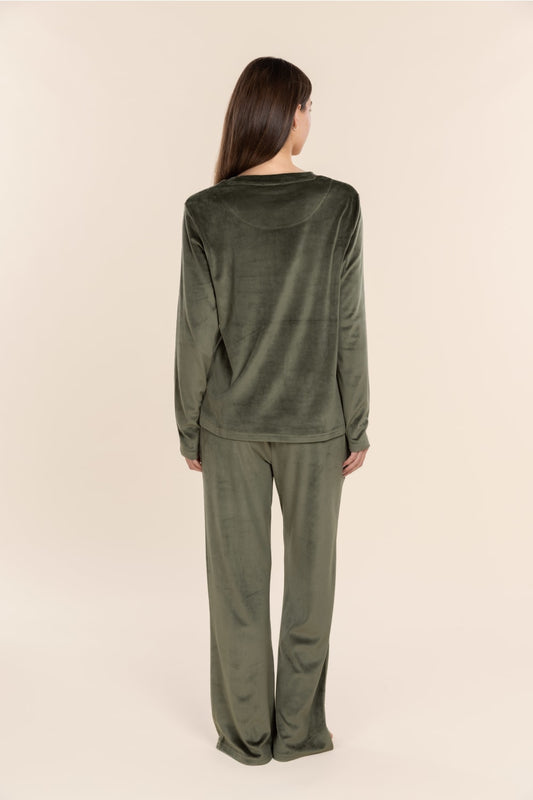 Thea Velour Long Lounge Set Olive back view showing the relaxed silhouette and full length wide leg velour lounge pants.