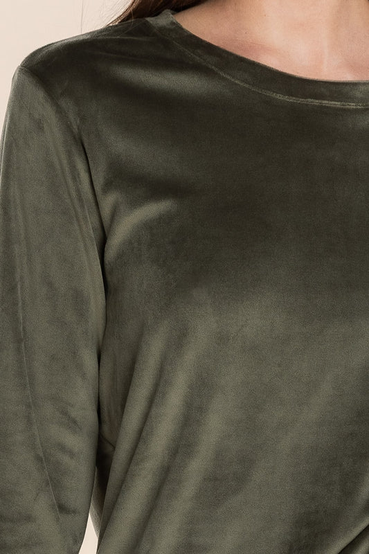 Thea Velour Long Lounge Set Olive close up of soft olive velour fabric showing the smooth texture and elegant drape of the top.