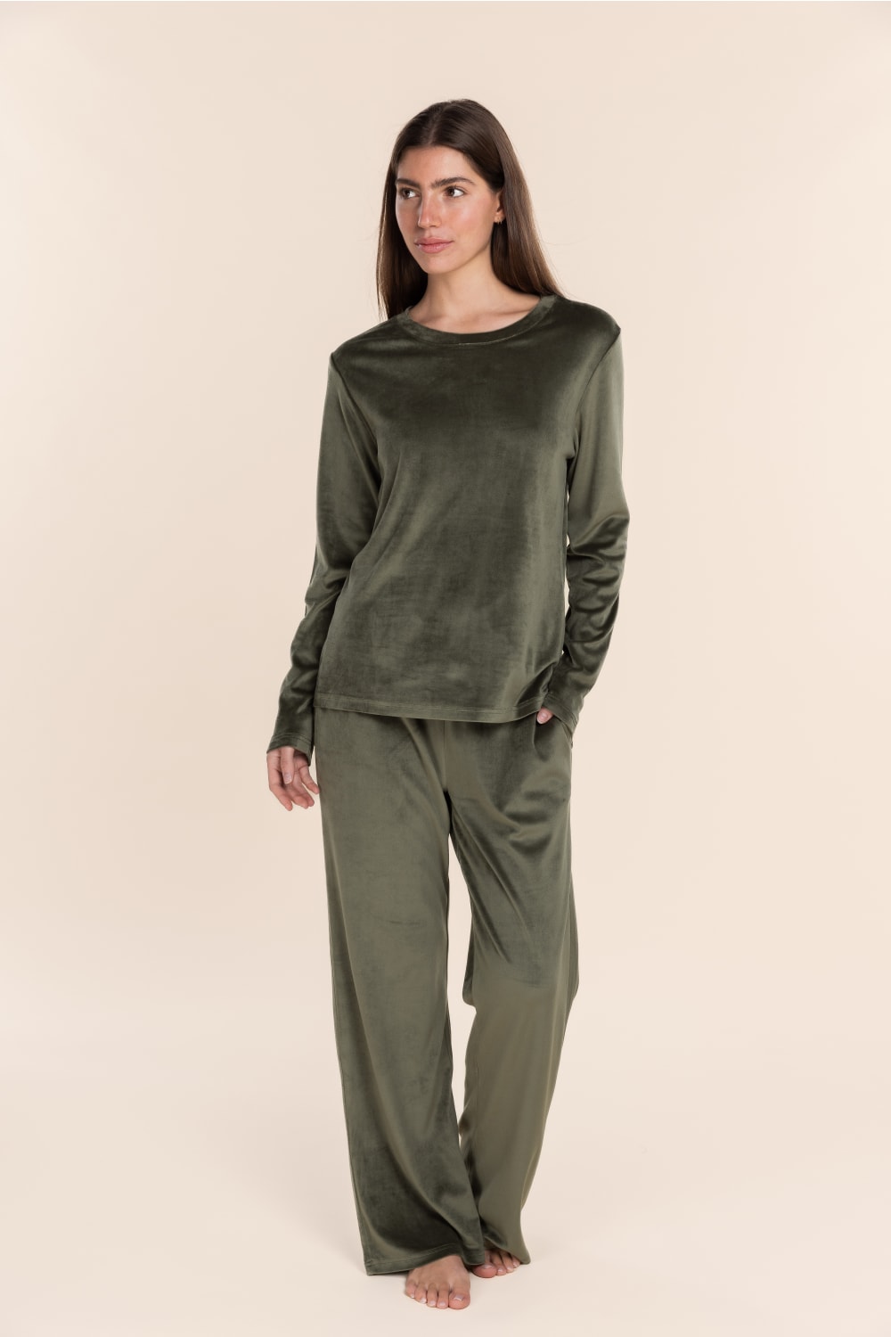 Thea Velour Long Lounge Set Olive front view on model wearing a long sleeve draped velour top with matching relaxed fit wide leg pants.
