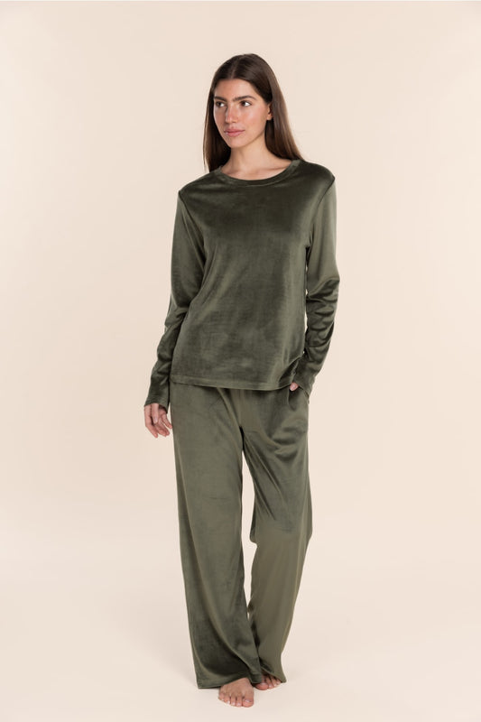 Thea Velour Long Lounge Set Olive front view on model wearing a long sleeve draped velour top with matching relaxed fit wide leg pants.