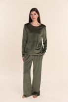 Thea Velour Long Lounge Set Olive full length view featuring a soft draped neckline long sleeve top and matching olive velour lounge trousers.