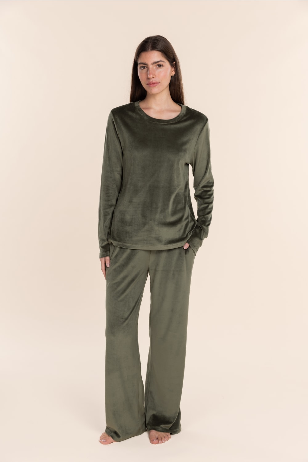 Thea Velour Long Lounge Set Olive full length view featuring a soft draped neckline long sleeve top and matching olive velour lounge trousers.