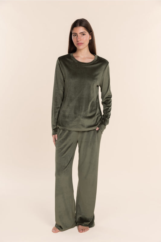 Thea Velour Long Lounge Set Olive full length view featuring a soft draped neckline long sleeve top and matching olive velour lounge trousers.