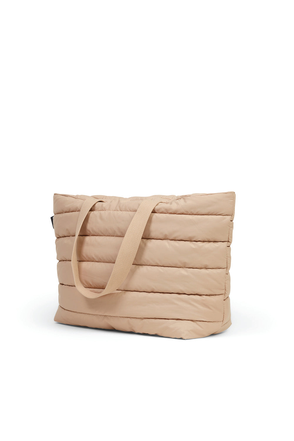 Beige quilted tote bag with padded horizontal panels and long handles, Gingerlilly Sleepwear